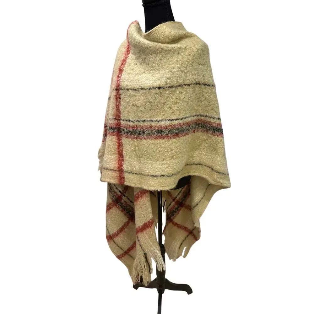 Love Stitch Nottingham Plaid Fringe Poncho Wrap (adorable & warm) - OS